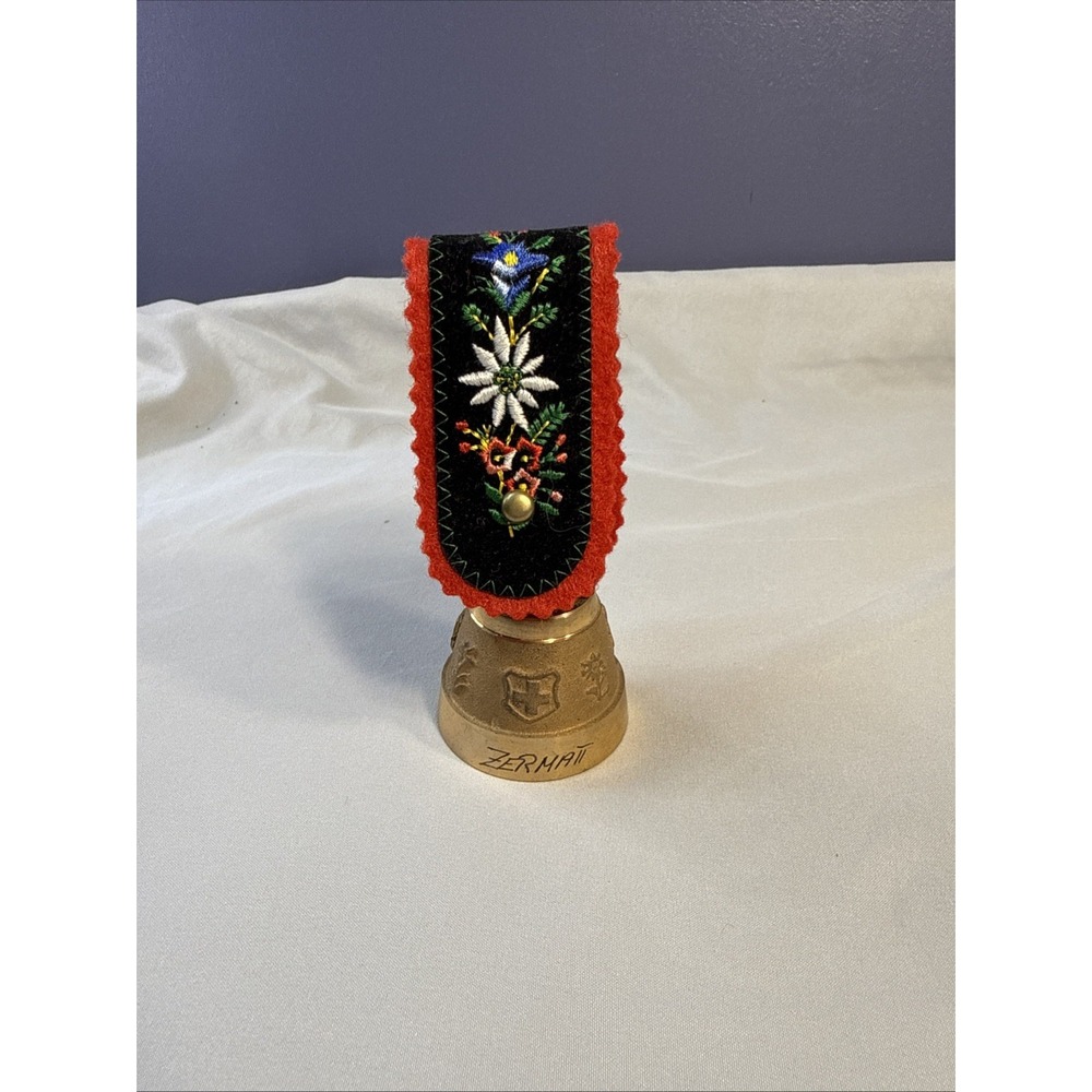 Vintage Swiss Brass Cow Bell Zermatt Souvenir Edelweiss Embroidered Strap